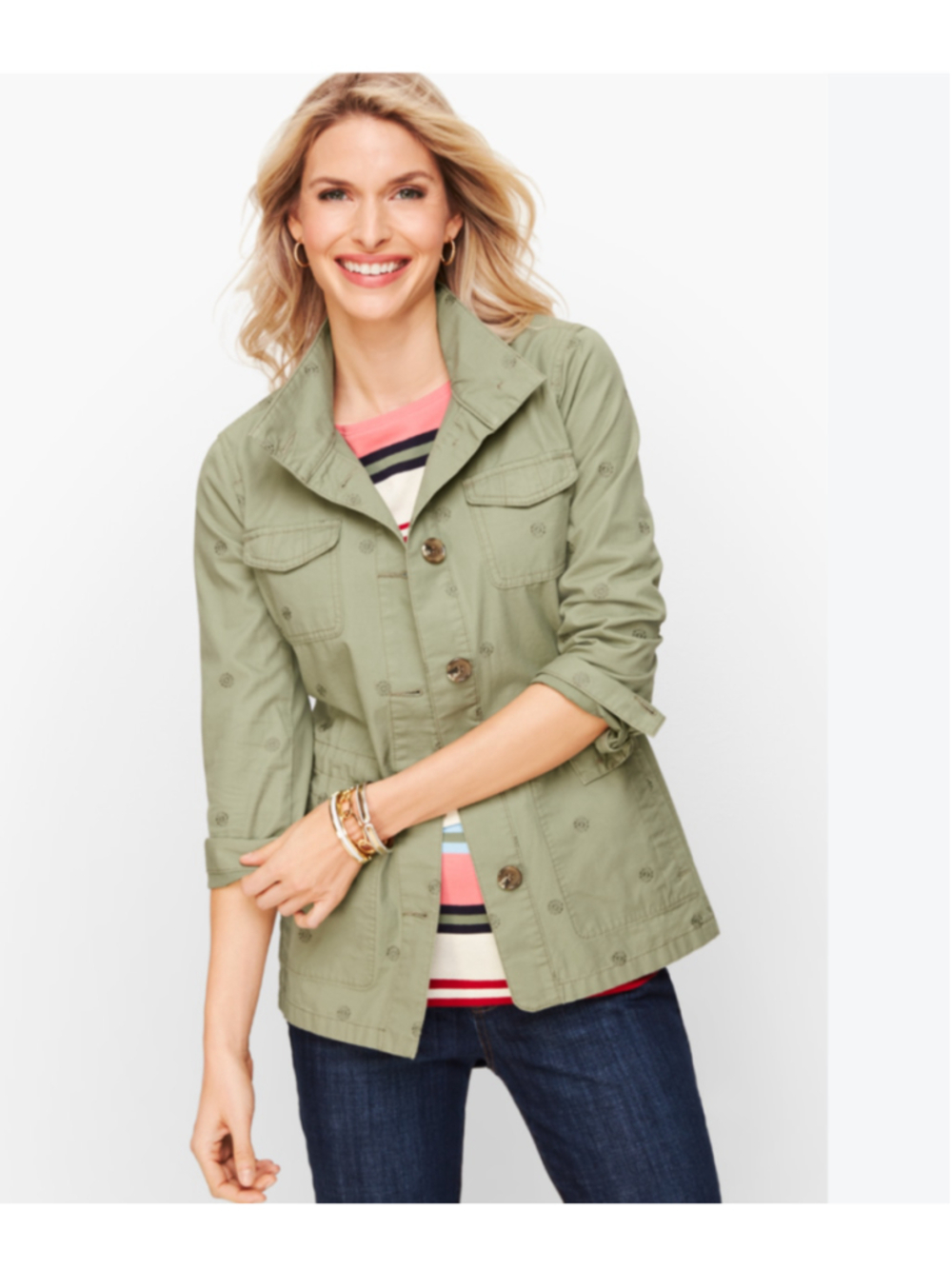 Talbots Green Embroidered Sage Safari Jacket Size Small Petite